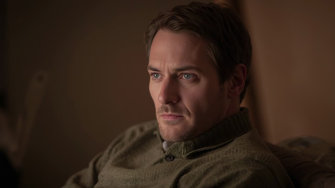 Man in mid 30s sitting on couch at home wearing olive green sweater, staring to right