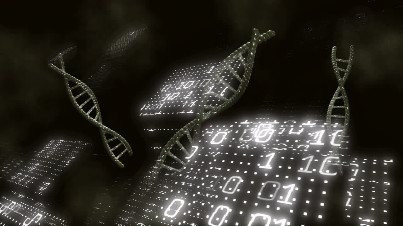Processing scientific data, animation shows DNA strands and binary coding