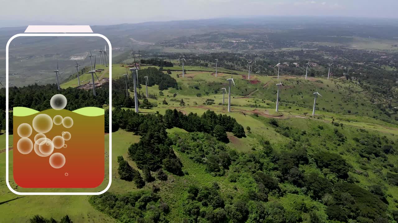 vista aérea de un potente parque de turbinas eólicas para la producción de energía