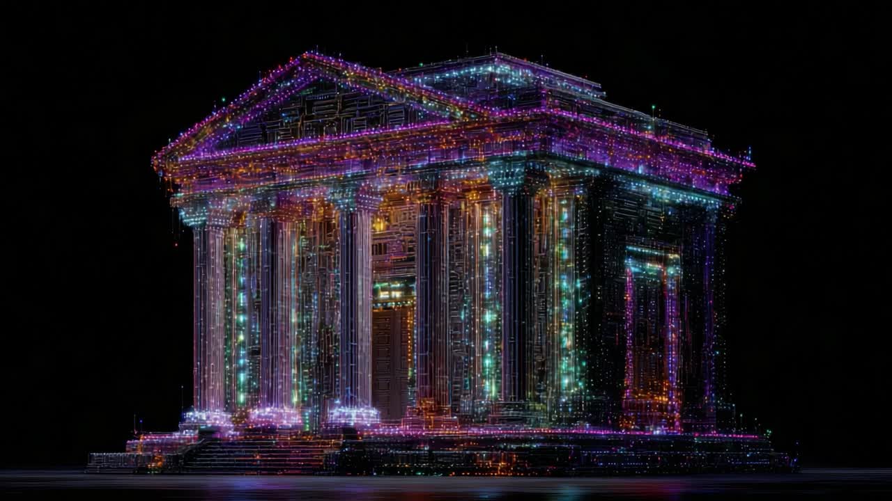 Digital visualization of a classical building made of glowing particles and lines, representing concepts of big data, network connections, cryptocurrency, and future internet technology