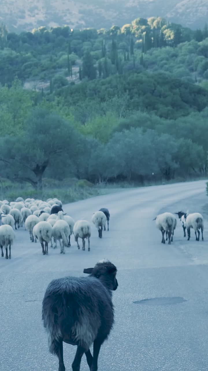 시골 도로 를 가로지르는 양 들