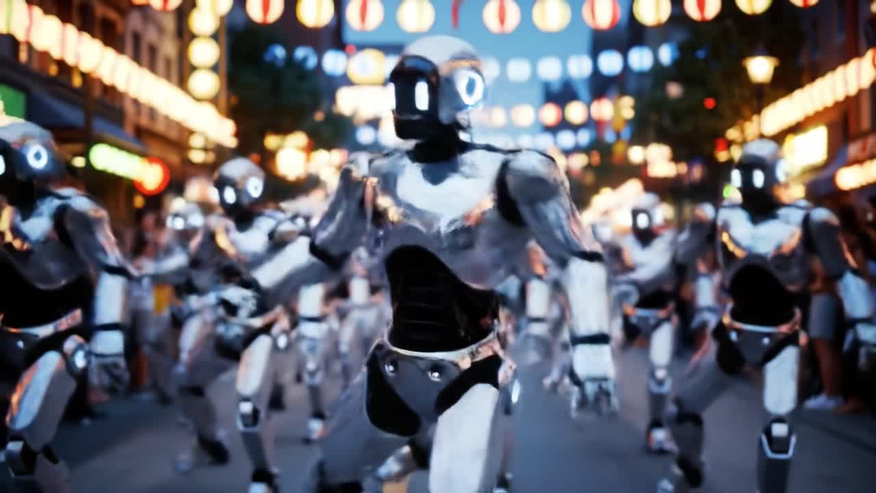 A group of robots performs an energetic dance routine on a bustling street filled with colorful decorations and a cheering crowd. The lively atmosphere creates excitement as the robots move in sync.