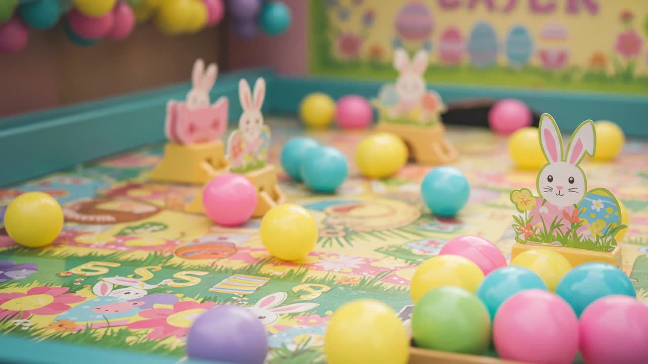 カラフルなウサギのキャラクターと鮮やかなボールプールをフィーチャーし、カラフルなボールと陽気な装飾で家族のゲームナイトの楽しさと喜びを捉えた、遊び心のあるイースターの風景