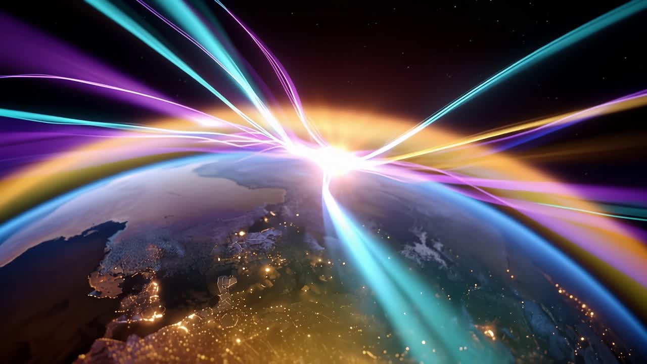 Raggi di Luce Astratti Che Collegano Città su un Globo Rotante