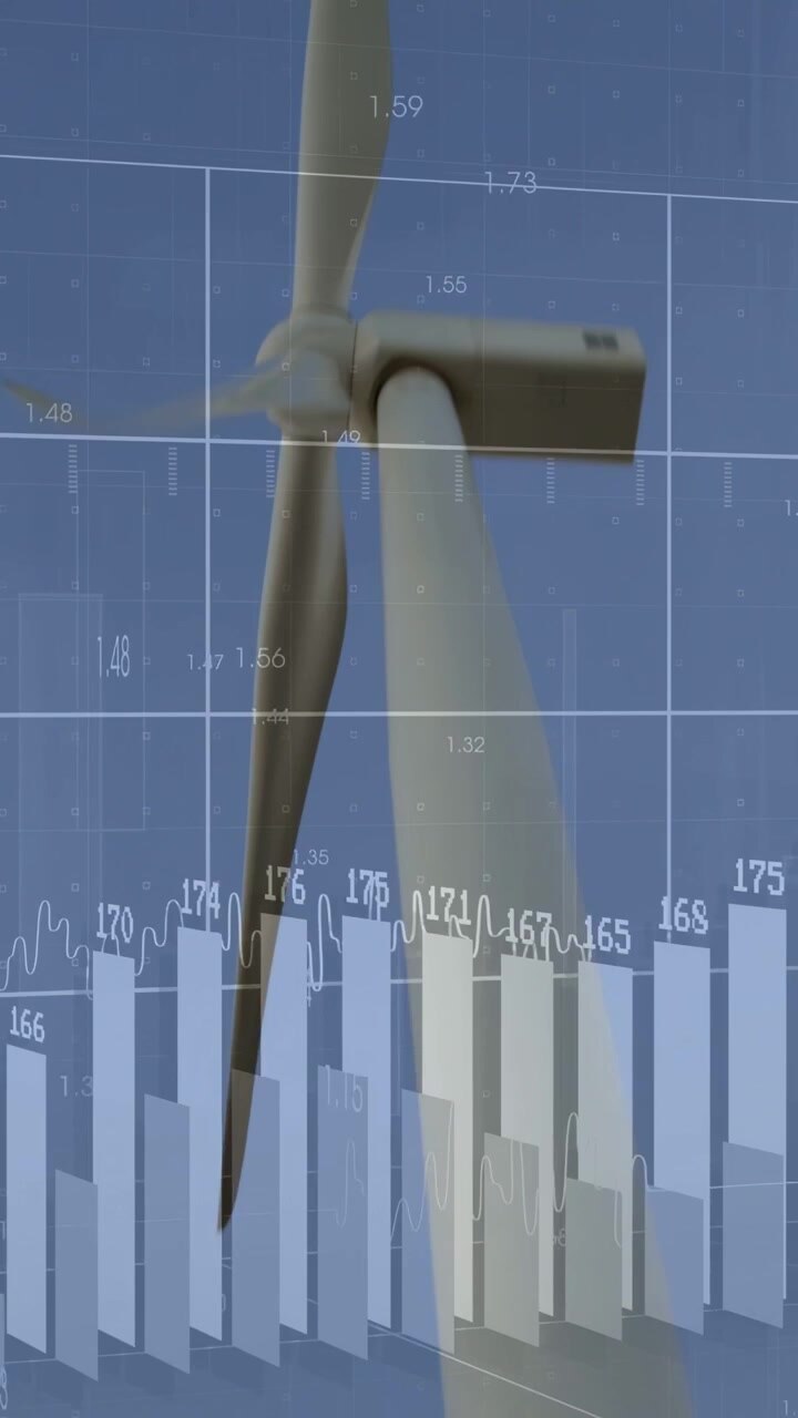 Video verticale: Sovrapposizione di dati in dissolvenza, telecamera che sale su una turbina mentre le barre si aggiornano per mostrare la potenza