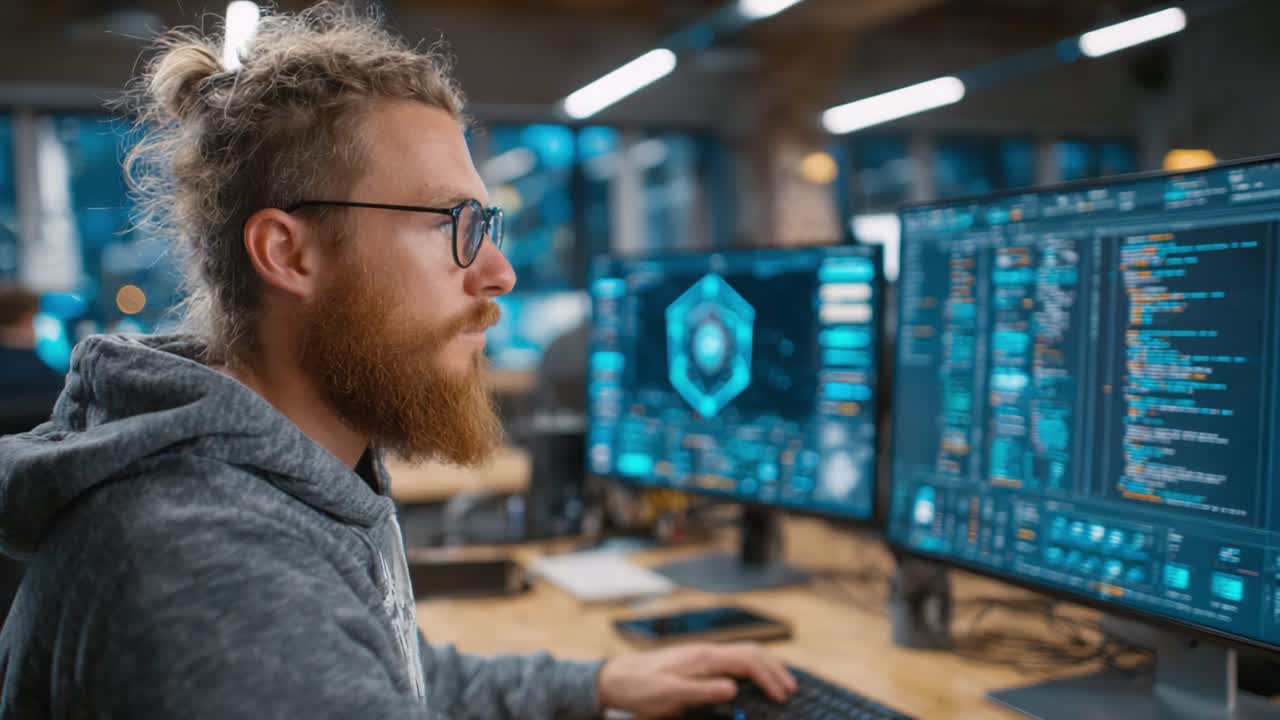 Focused Programmer Analyzing Complex Code on Dual Monitors in a Modern Workspace, Surrounded by High-Tech Gadgets and a Dynamic Atmosphere of Innovation and Creativity