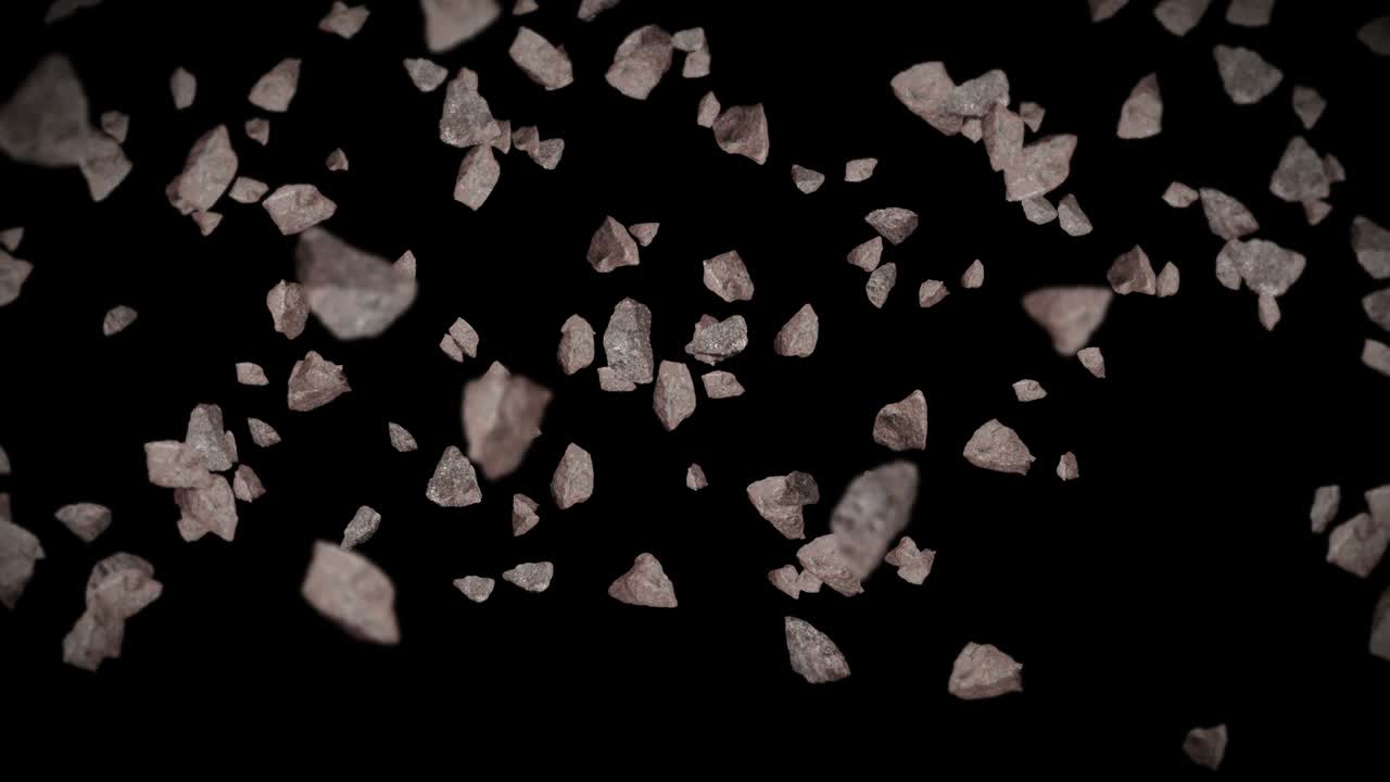 Flying many rock stone on black background. Broken splash explosion. Challenge concept. 3D animation of stone splash rotating. Loop animation.