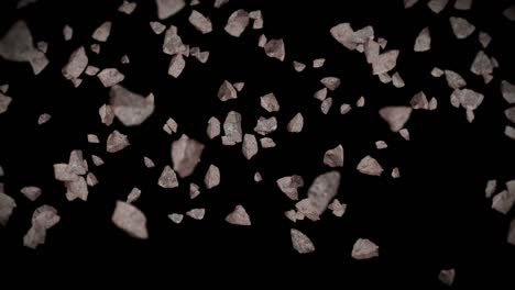 volando muchas piedras de roca en fondo negro. explosión de salpicaduras rotas. concepto de desafío. animación 3d de salpicadas de piedra girando. animación de bucle.