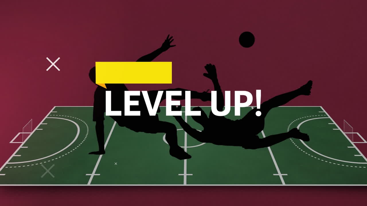 animación de las palabras nivel arriba y barra amarilla sobre los jugadores de silueta que caen en el campo de deportes verde