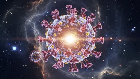 a stunning visual representation of a virus, captured in cosmic surroundings, showcasing its intricate structure against a galactic backdrop of stars and energy