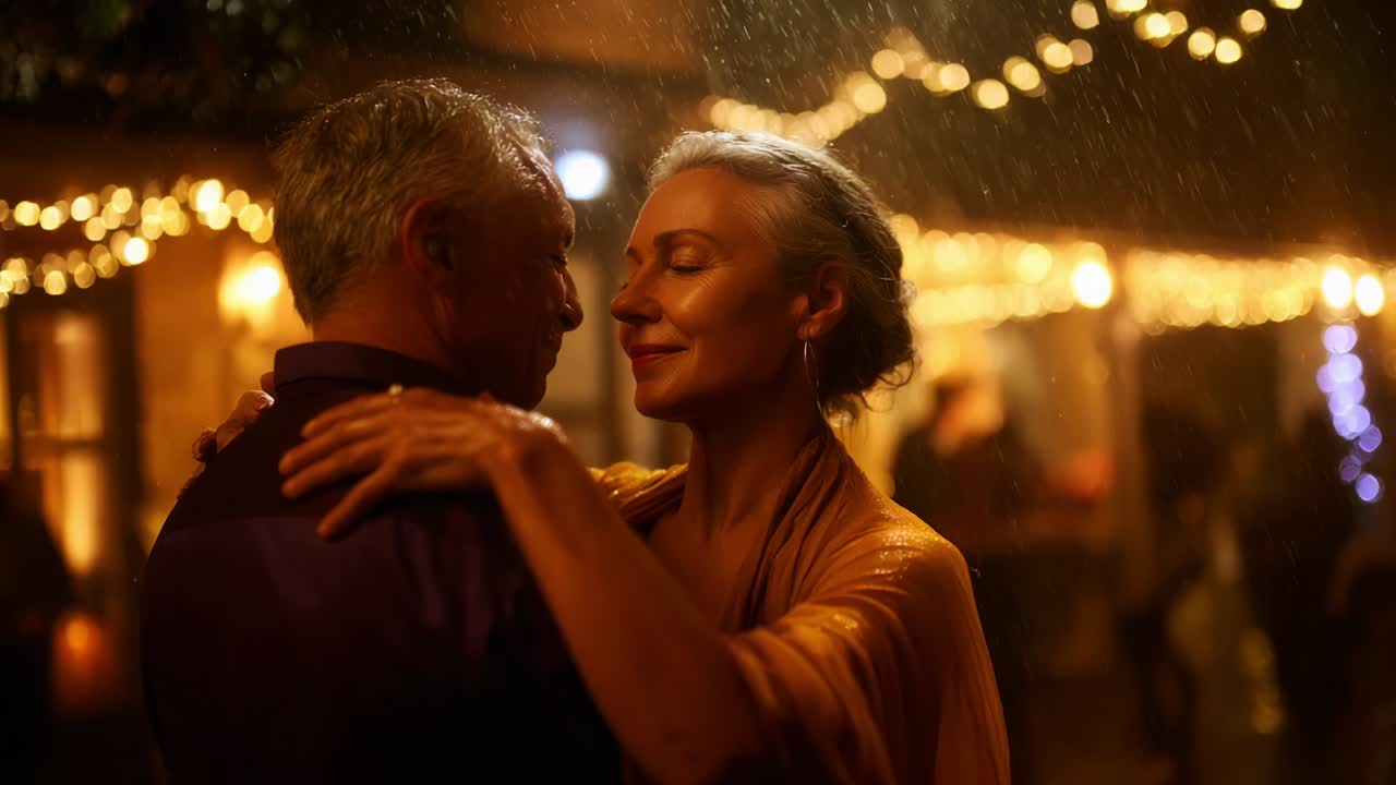 Intimate Dance Under Sparkling Lights: A Heartwarming Moment Captured as a Couple Embraces in the Rain Amidst a Festive Atmosphere, Celebrating Love and Connection on a Magical Night