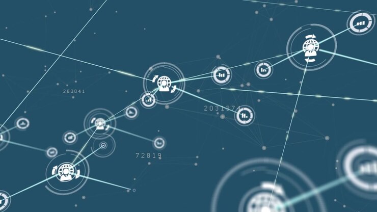 Animation of icons, dots connected with lines and countdowns against blue background