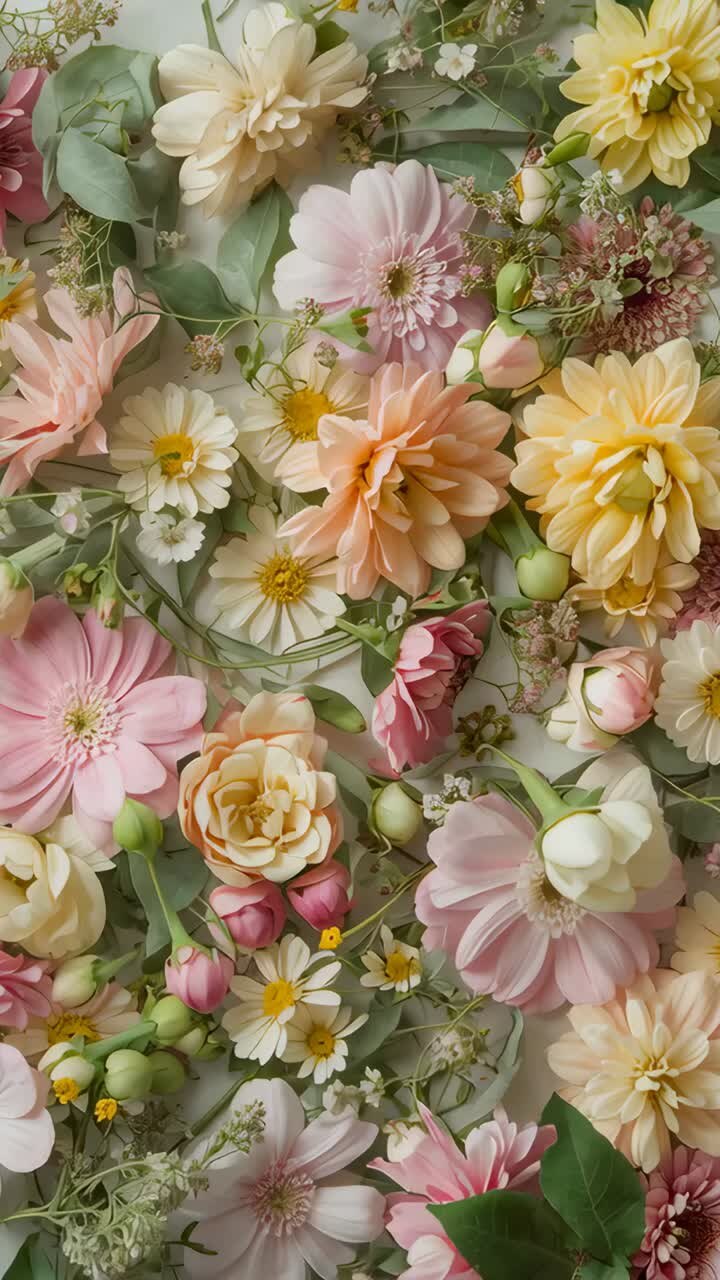 Video vertical: Cámara a la deriva mostrando un fondo floral en tonos pastel con margaritas y una flor de durazno central