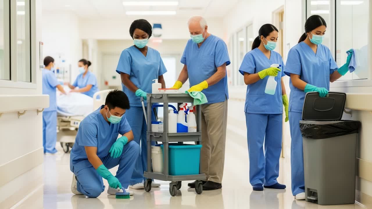 A Dedicated Healthcare Team Collaborating Efficiently in a Hospital Corridor to Maintain Hygiene and Patient Safety through Cleaning and Sanitization Efforts, Demonstrating Their Commitment to Health and Care