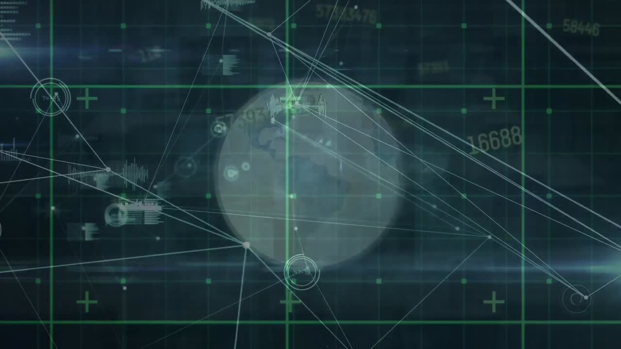 검은색 배경 위에 데이터 처리 및 연결 네트워크와 함께 지구의 애니메이션