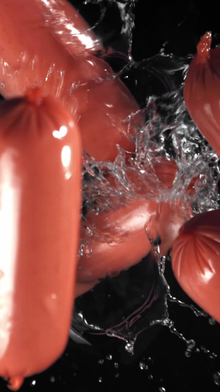 Salsicce rosse che schizzano nell'acqua su sfondo nero