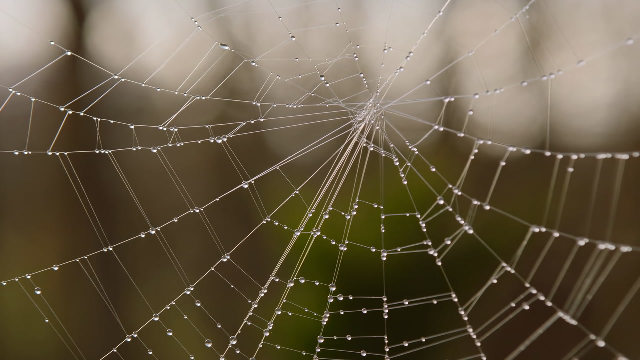 Dew On Spider Web Close Up, Cinematic Forest Bokeh Delicate Silk Strands Glistening With Droplets In Soft