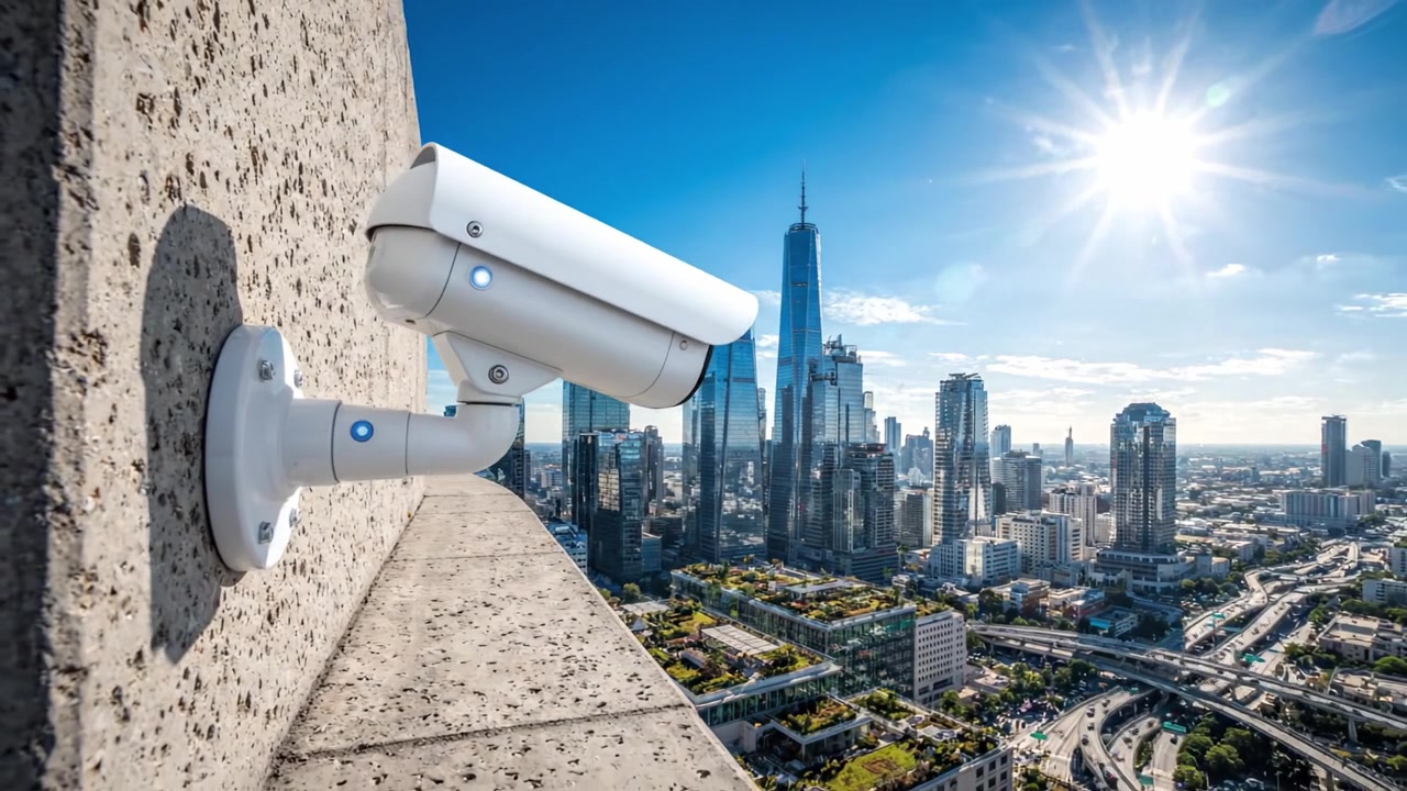Telecamera di sorveglianza ad alta definizione che cattura il paesaggio urbano: una vista di architettura moderna e sviluppo urbano sotto la luce solare intensa.