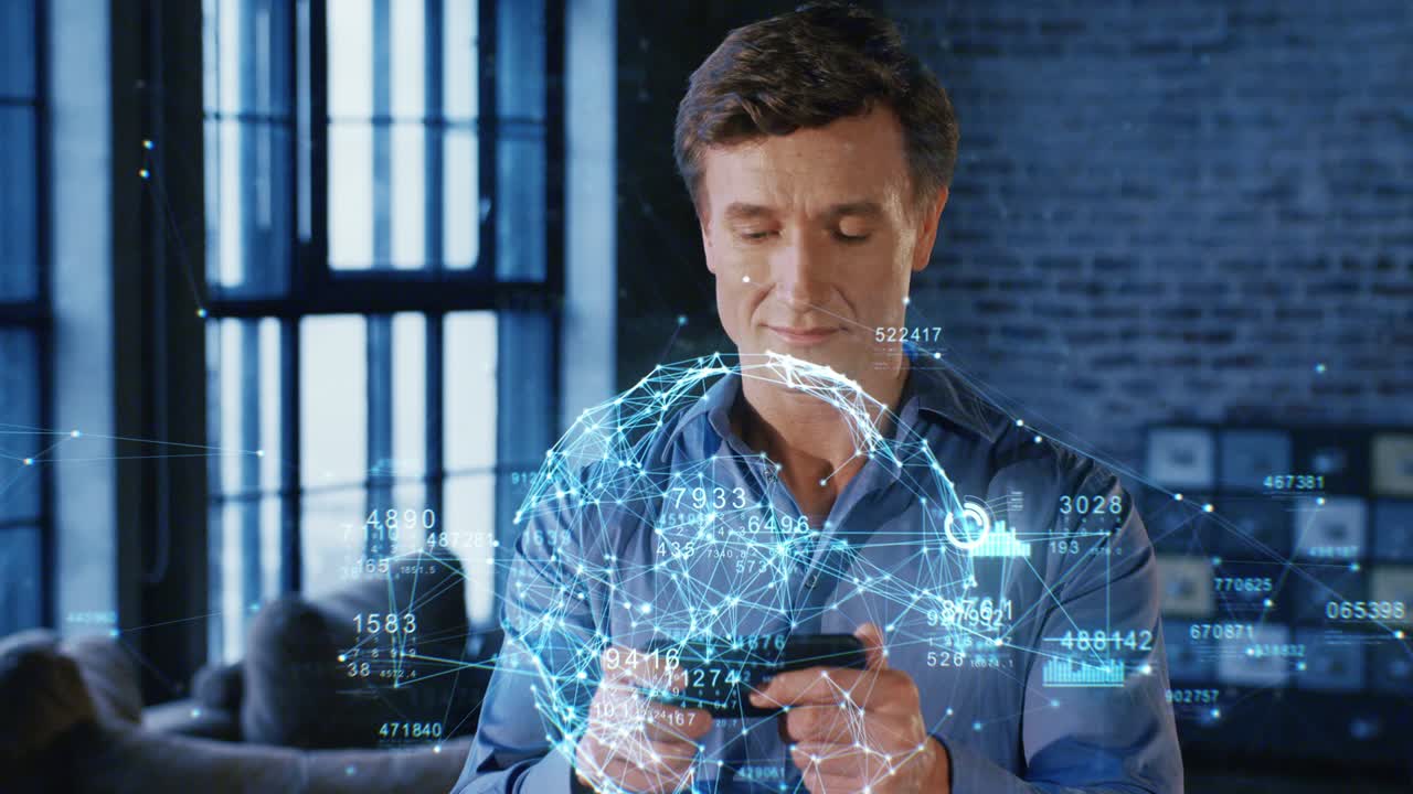 hombre de negocios usando un teléfono inteligente con un holograma azul futurista analizando datos comerciales. concepto de tecnología de animación 3d.