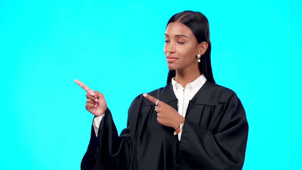 Portrait mockup or woman lawyer pointing in studio
