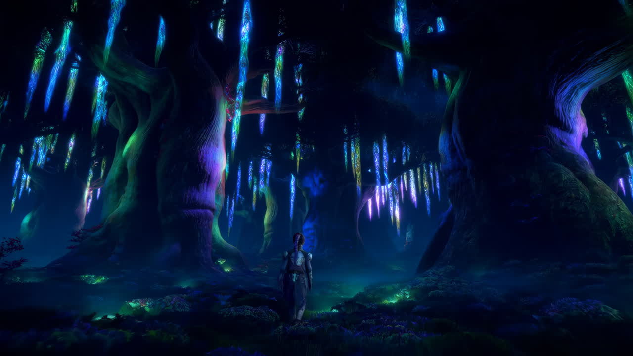 A lone figure in a glowing, bioluminescent alien forest at night