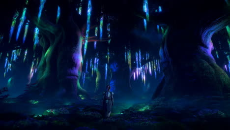 a lone figure in a glowing, bioluminescent alien forest at night