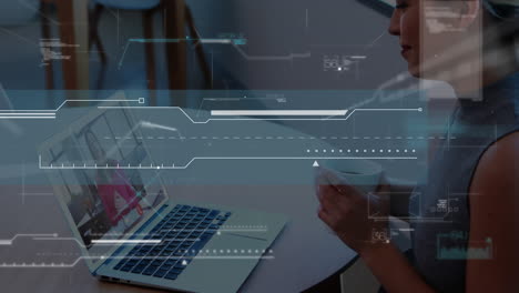 Animation of data processing over caucasian businesswoman having laptop video call with colleague