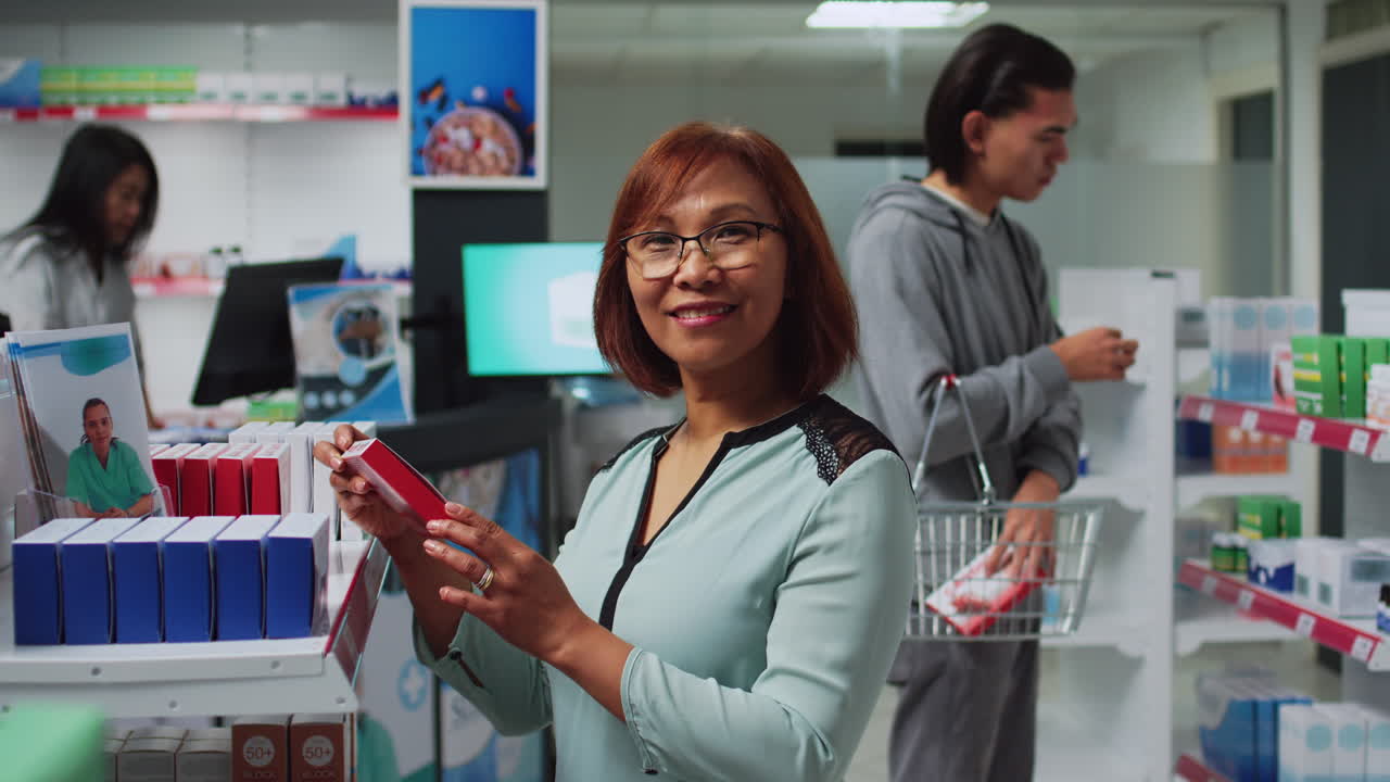 People shopping for medication in a pharmacy