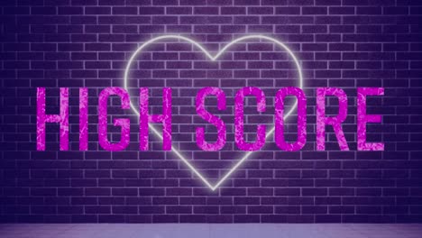 Animation-of-high-score-text-banner-over-neon-heart-icon-against-brick-wall-background
