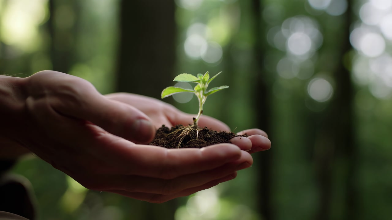 Hands Cupping Seedling With Soil, Sunlit Forest Bokeh Background, Gentle Palms Presenting Young Sapling, Scene