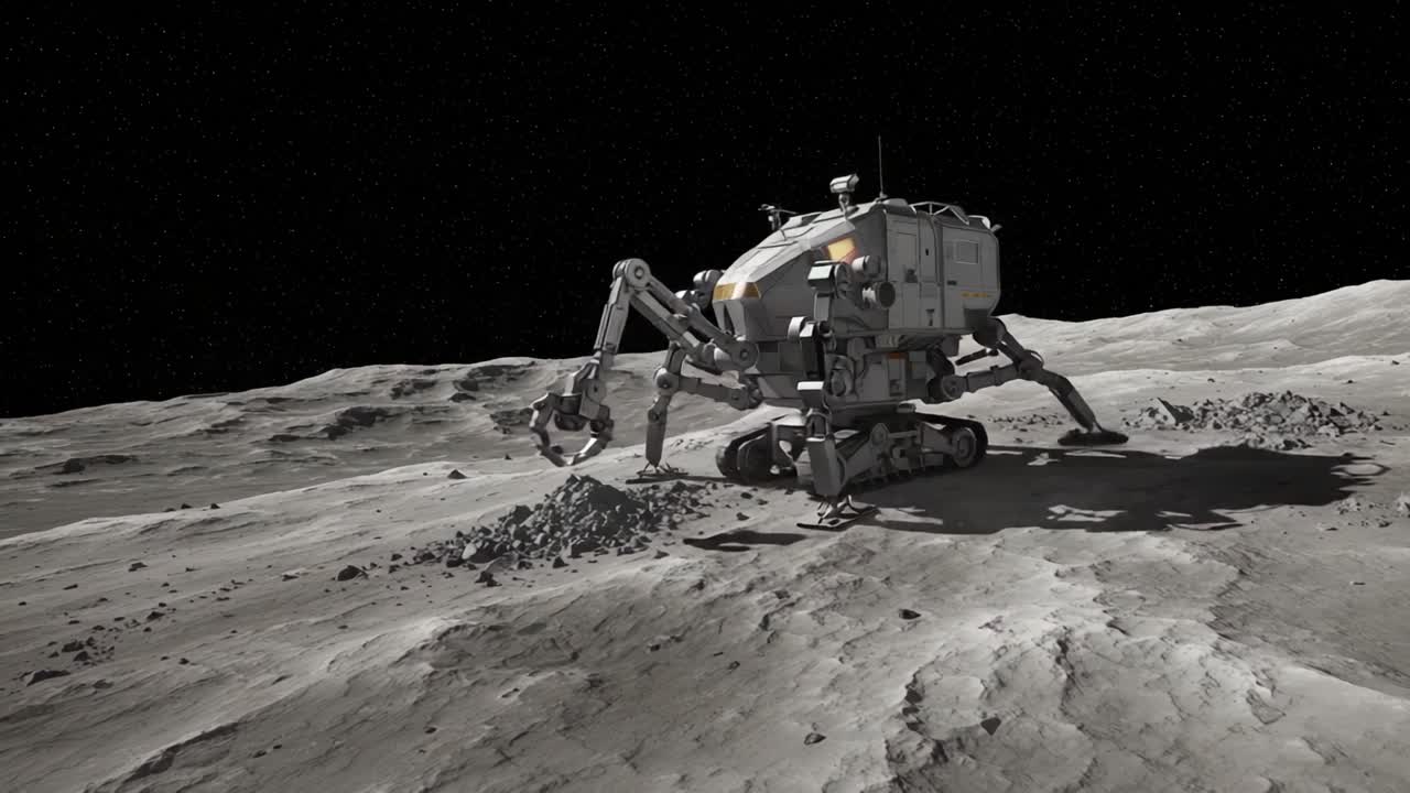 Exploring the Lunar Surface: A Robotic Vehicle Conducting Research and Excavation on the Moon's Rocky Terrain Under a Starry Sky