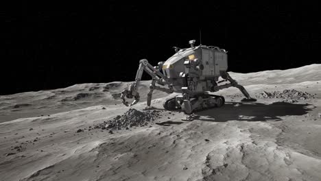 exploring the lunar surface: a robotic vehicle conducting research and excavation on the moon's rocky terrain under a starry sky