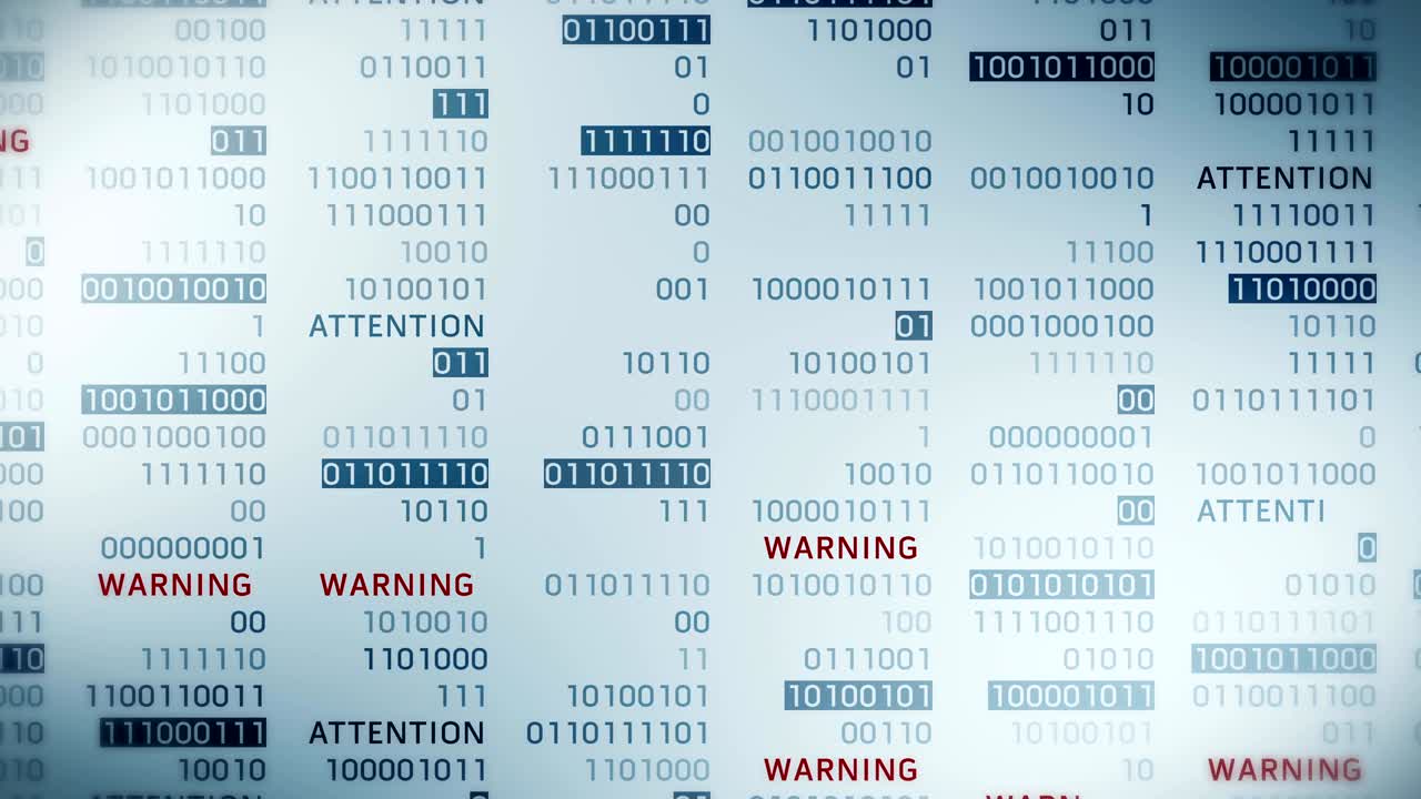 Warning and Attention message with binary numbers. Web online with digital technology loop animation. Computer network problem error concept.