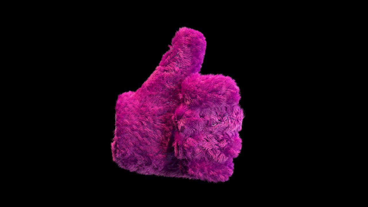 Fluffy lyserød tommelfinger op-gestus roterer på sort baggrund