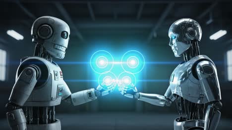 two robots engaging in a symbolic exchange of energy with illuminated blue orbs, representing the fusion of technology and collaboration in a futuristic setting