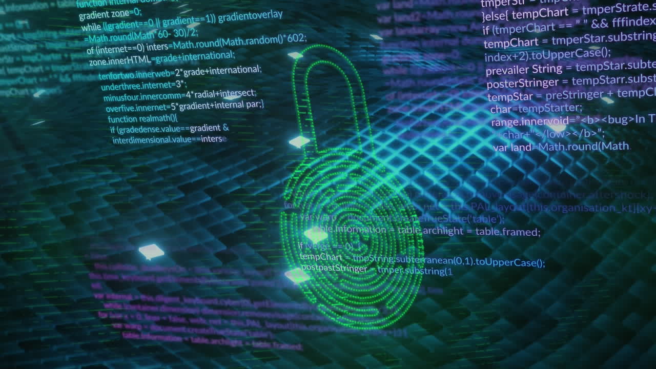 animación del icono del candado de seguridad y los puntos de luz sobre onda digital contra fondo azul