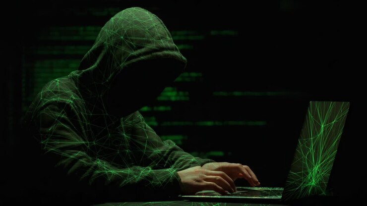 An Enigmatic Hacker Engaged in Cyber Intrusion: A Visual Representation of Modern Technology, Data Security Threats, and the Mysterious World of Digital Crimes