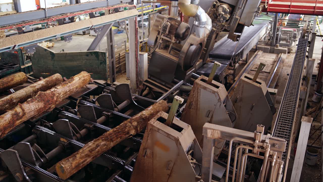 Industrial background of a woodworking plant. Working process of automated equipment on the modern power-saw bench.