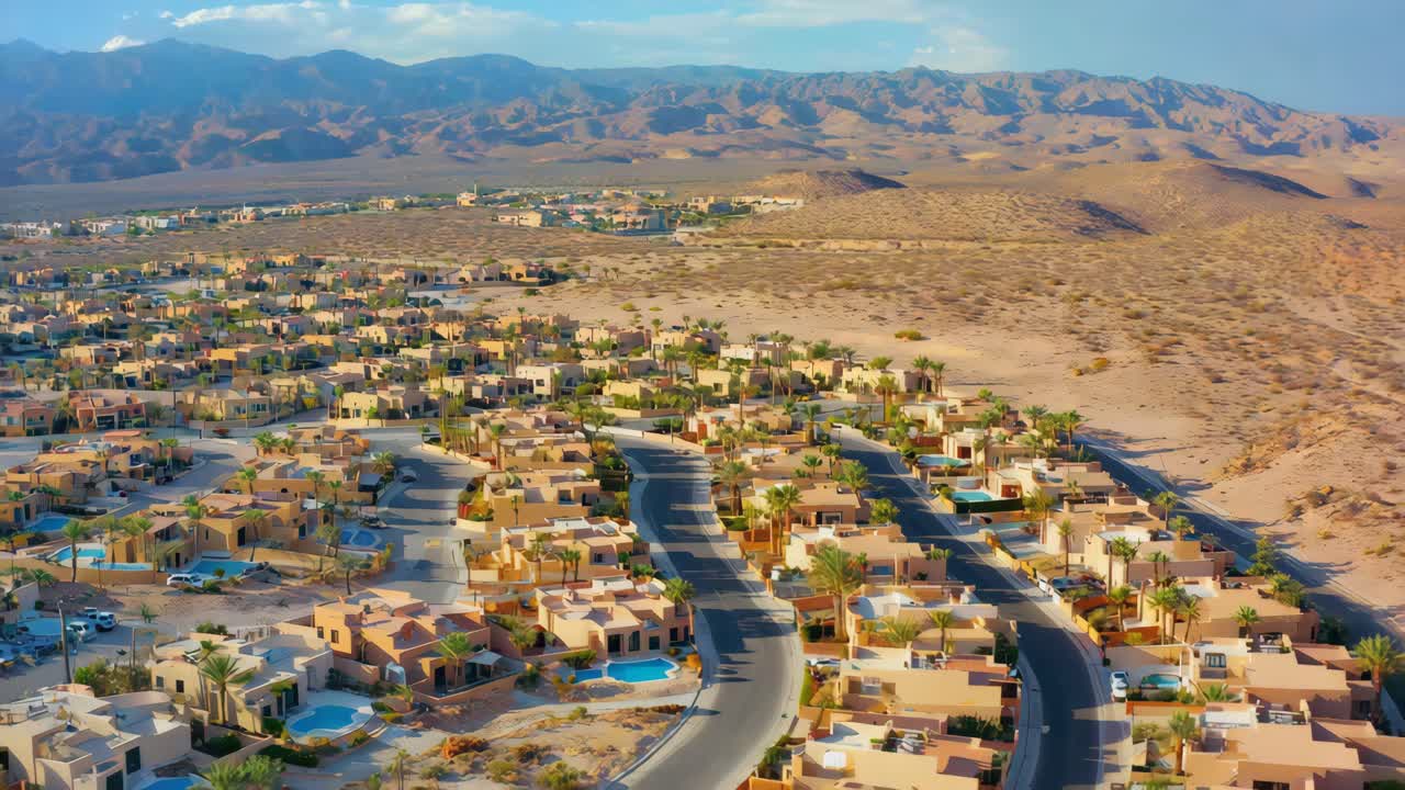 Aerial View of Desert Town with Mountains