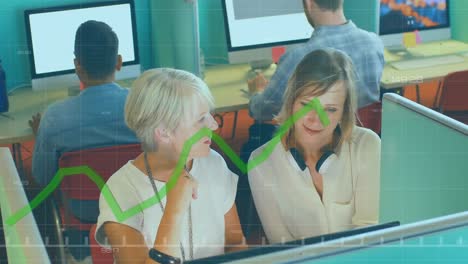 animation of data processing over diverse business people talking in office