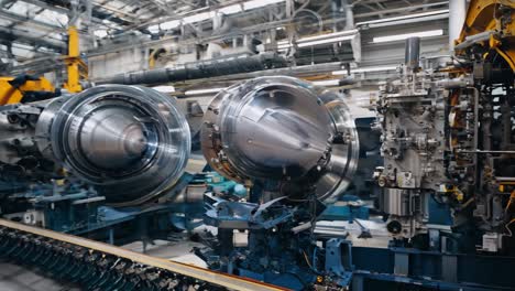 high-tech turbine engine assembly in an industrial workshop setting