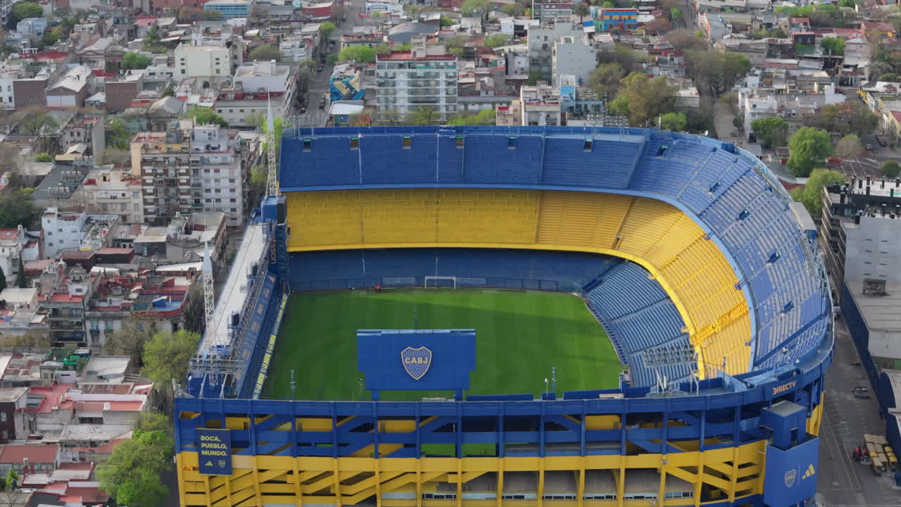 Flying over La Bombonera Boca Juniors football stadium in Buenos Aires, Argentina