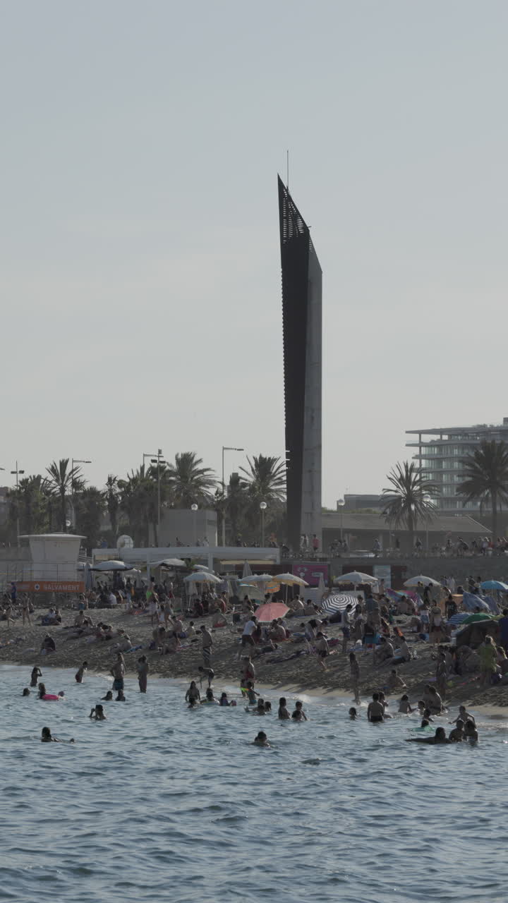 la playa ocupada en sumer en la vertical de barcelona.