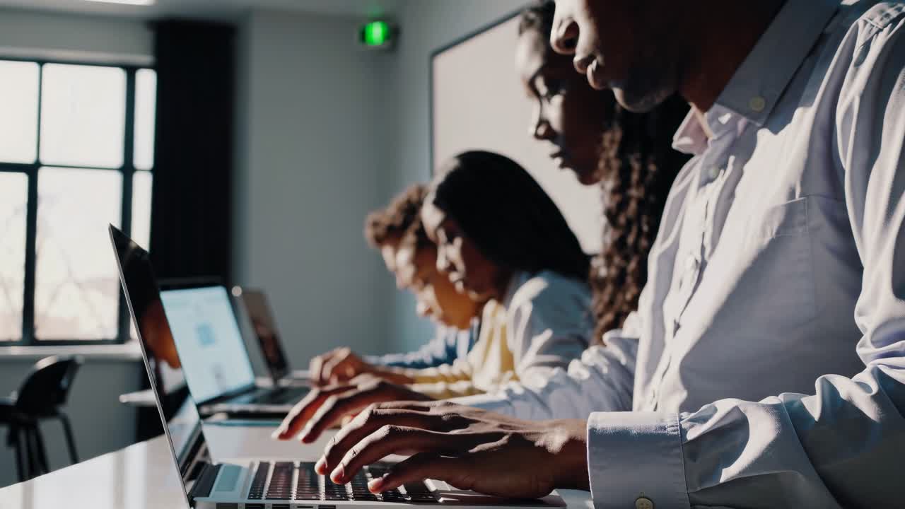 Side-angle video of focused students typing on laptops in a classroom, highlighting collaboration