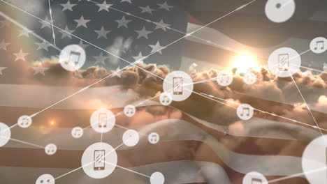 animation of network of connections of icons with smartphones and notes over usa flag and clouds