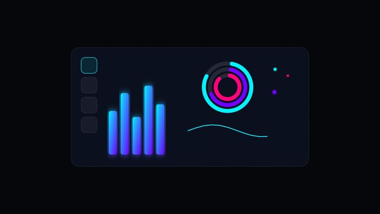 Animated Digital Dashboard Interface with Bar Charts and Circular Graphs