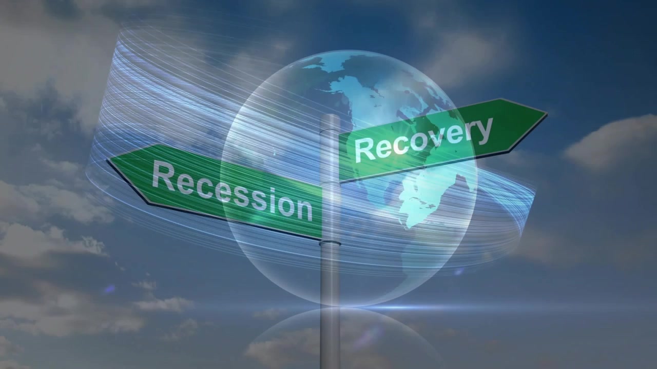 Glowing blue light streak starting left circling signpost and globe showing economic transition