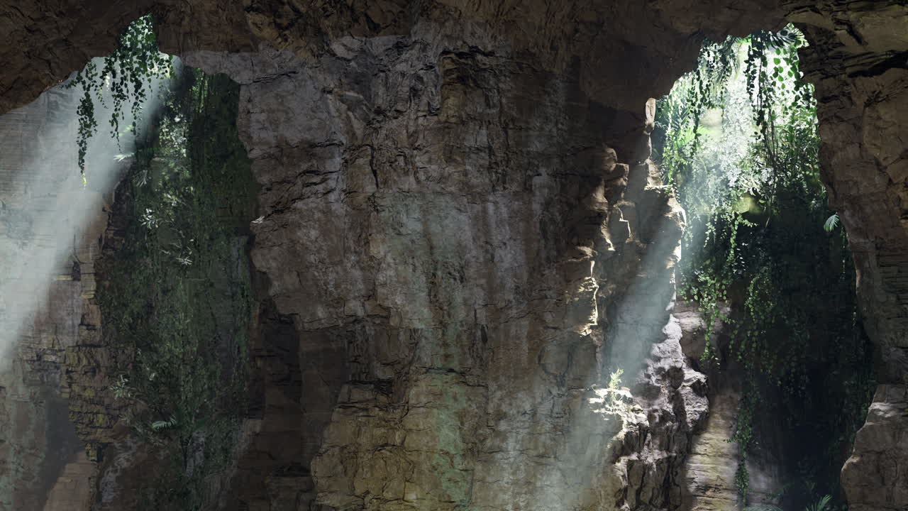 Light beams illuminate a lush cave with greenery in a hidden location