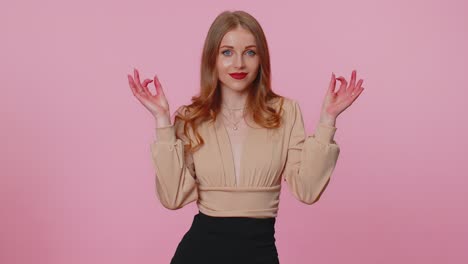 stylish girl breathes deeply with mudra gesture meditating with concentrated thoughts peaceful mind