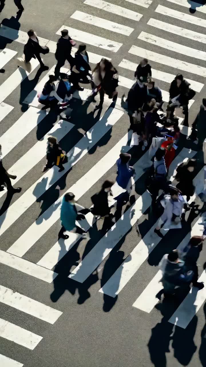 Video con vista aerea di persone che attraversano un passaggio pedonale a strisce, proiettando lunghe ombre.